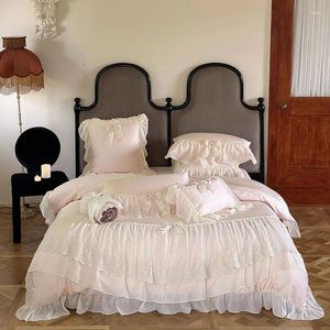 Beddengoed sets roze romantische kanten ruches boog Franse prinses bruiloftset 1000TC Egyptische katoenen dekbedovertrekbed bedblad kussencases