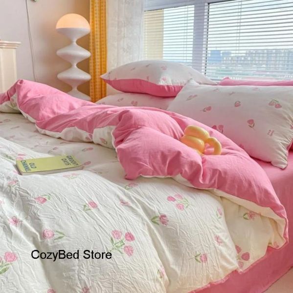 Conjuntos de ropa de cama Conjunto de rosa romántico rosa Lavado suave Cubierta de edredón de algodón Ins Ropa de cama de flores para Gilrs Decoración Dormitorio Individual Tamaño doble