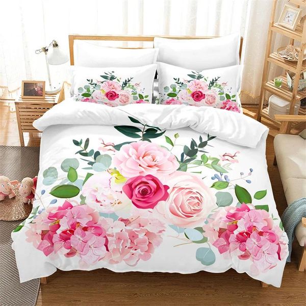 Juegos de ropa de cama Pink Rose Set Divet Cover 3d Flores Fashion Soft Warm King King Double Girl Camed