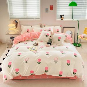 Ensembles de literie rose tulipe princesse housse de couette taie d'oreiller draps plats mignon couette Double simple Double roi literie