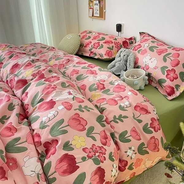 Set di biancheria da letto Set di tulipani rosa Copripiumino con fiori di primavera Simpatico coniglio Tessili per la casa per ragazze Bambini Singolo Doppio Decor INS Biancheria da letto 230921