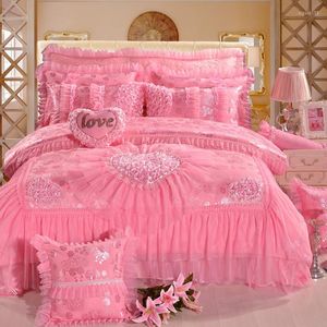 Ensembles de literie rose ensemble de mariage luxe Jacquard Satin coton literie Style coréen princesse dentelle housse de couette drap de lit taies d'oreiller