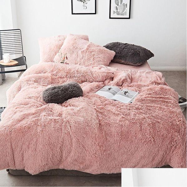 Ensembles de literie Tissu polaire blanc rose hiver épais 20 ensemble de literie de couleur pure vison Veet couette Er drap de lit taies d'oreiller en lin Drop Deliv Dhfv6