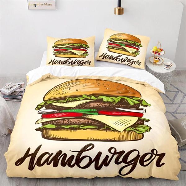 Conjuntos de ropa de cama Pizza Funda nórdica Hamburguesa Perro Papas fritas Microfibra Postre Comida occidental Edredón Tema rápido Decoración Niños Adultos