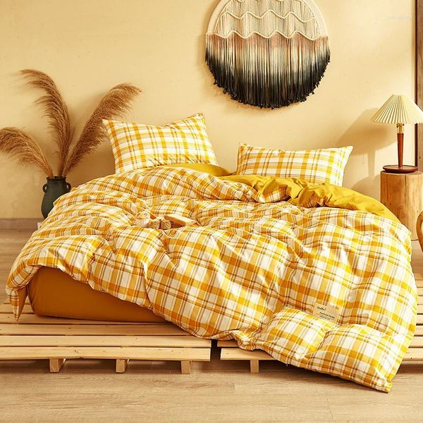 Ensembles de literie Plaid jaune housse de couette taie d'oreiller lit draps plats luxe couette double complet simple roi adulte literie