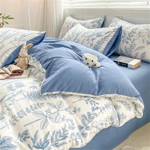 Ensembles de literie Plant et fleur Textiles HomeCase d'oreiller confortable Couverture de couette bleu Floral Four Set Kids Adults Adults Washed Cotton