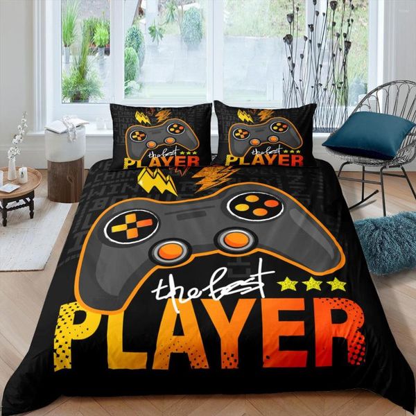 Juego de ropa de cama Juego de funda de edredón de cama doble Juego de edredón de dormitorio súper suave y cómodo con mango de video impreso naranja