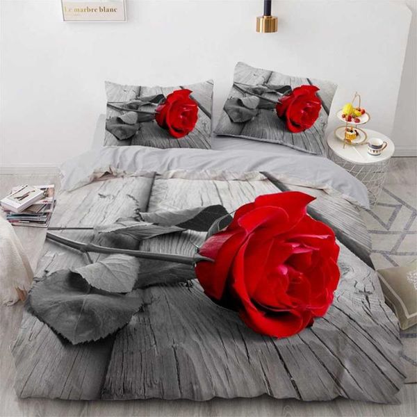 Ensembles de literie Ensemble de couette en polyester Housse de couette 3D et taie d'oreiller Rouge Rose Floral Textiles de maison 2/3 pièces Literie