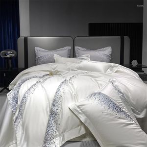 Ensembles de literie Premium 1200TC coton égyptien Art Design blanc gris ensemble broderie chic décor à la maison housse de couette drap de lit taies d'oreiller