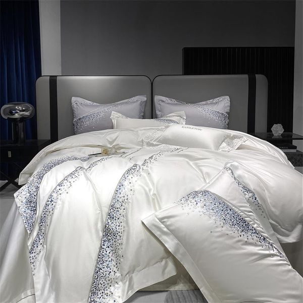 Ensembles de literie Premium 1200TC coton égyptien Art Design blanc gris ensemble Chic broderie décor à la maison housse de couette drap de lit taies d'oreiller 221129