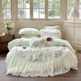 Ensembles de literie princesse mousseline de soie dentelle luxe vert coton égyptien fleurs broderie housse de couette drap de lit taies d'oreiller 2024