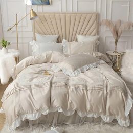 Sets de ropa de cama Princesa Algodón sólido Cama de encaje beige beige rosa volante dórdote de tapa falda ropa de casa de bodas textiles