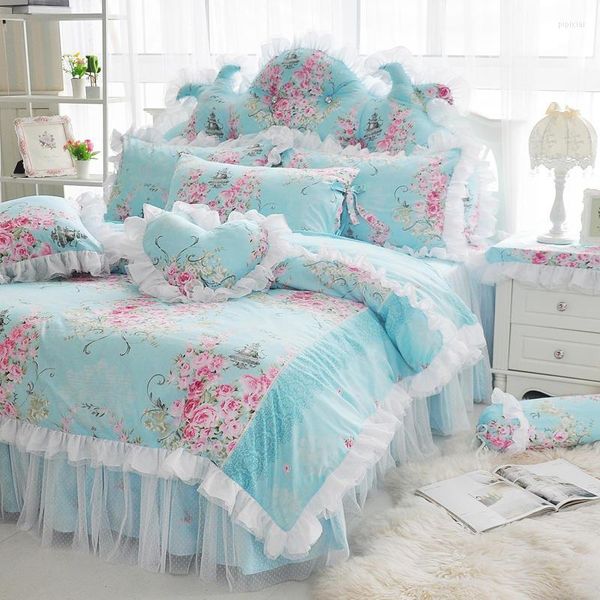 Ensembles de literie princesse fleur imprimé ensemble coton bleu dentelle housse de couette couvre-lit drap de lit à volants literie jupe de lit Textile de maison