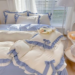 Beddengoedsets Prinses Koreaanse stijl beddengoedset met strik Roze Blauw Meisjes Dubbel Queensize Dekbedovertrek Geen vulling Kussenslopenset 231101