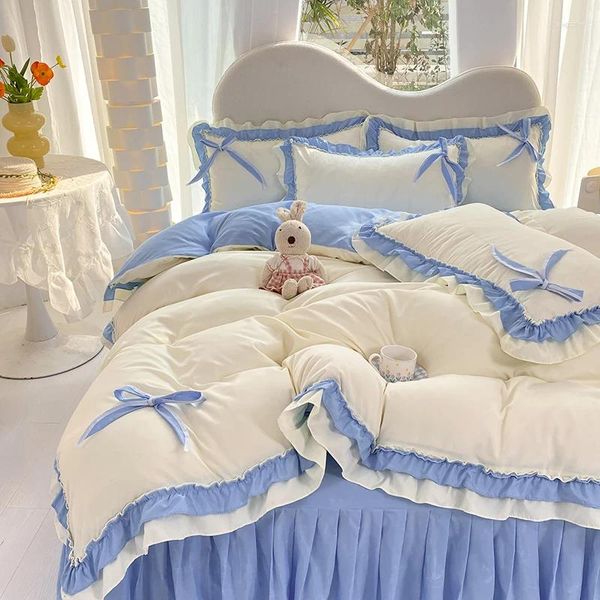 Ensembles de literie princesse en dentelle à volants Bowknot couette couverture de lit de lit