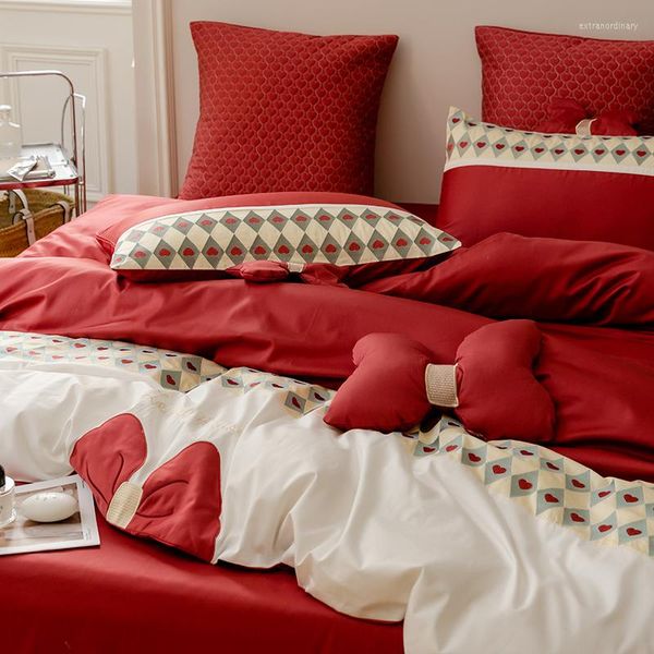 Ensembles de literie princesse Style mariage quatre pièces ensemble rouge vif drap de lit haut de gamme chambre housse de couette pur coton