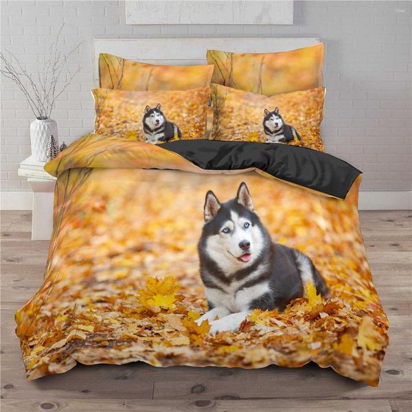 Juegos de cama con estampado de perro salchicha, funda nórdica, fundas de almohada, juego de dormitorio, hojas de otoño, edredón amarillo, ropa de cama de animales en 3d