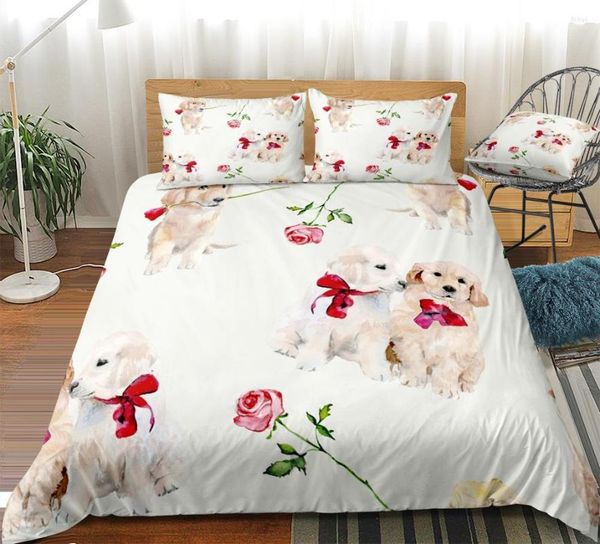 Ensembles de literie chiot chiens ensemble dessin animé housse de couette Rose fleurs motif linge de lit enfants garçon filles maison Textile sur le thème des animaux de compagnie