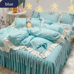 Ensembles de literie pure couleur polyester princesse chambre fille bleu ensemble simple / double couette de couvre-lit jupe de lit d'oreiller