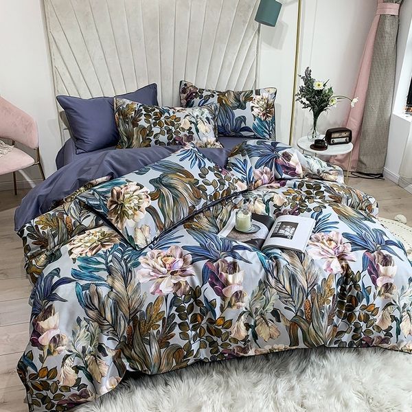 Juegos de cama Ropa de cama de algodón egipcio puro hoja tropical flor abajo funda nórdica seda suave almohada queen 230410