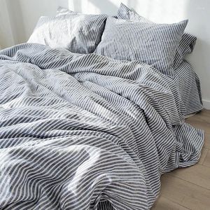 Ensembles de literie en lin pur, couleur contrastée, housse de couette à rayures, taie d'oreiller, couvre-lit