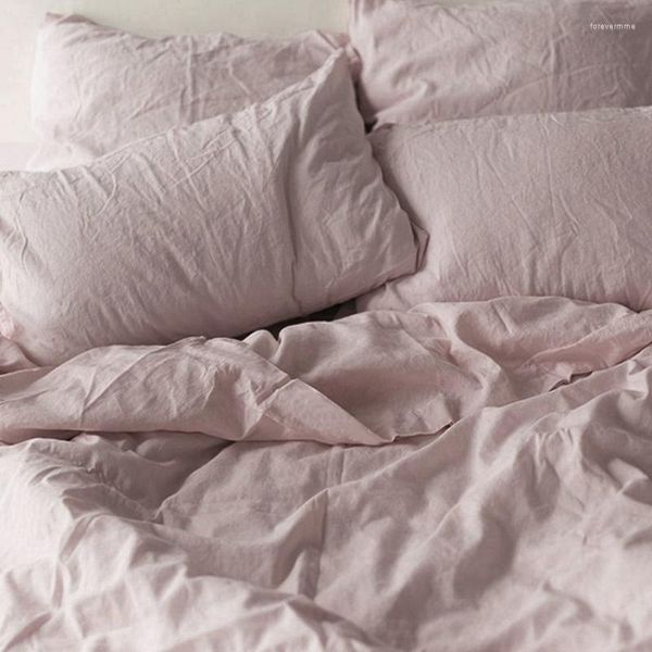 Conjuntos de ropa de cama Lino puro Individual Doble Tamaño completo Piel amigable Tela de lino suave Juego de funda nórdica rosa para el hogar