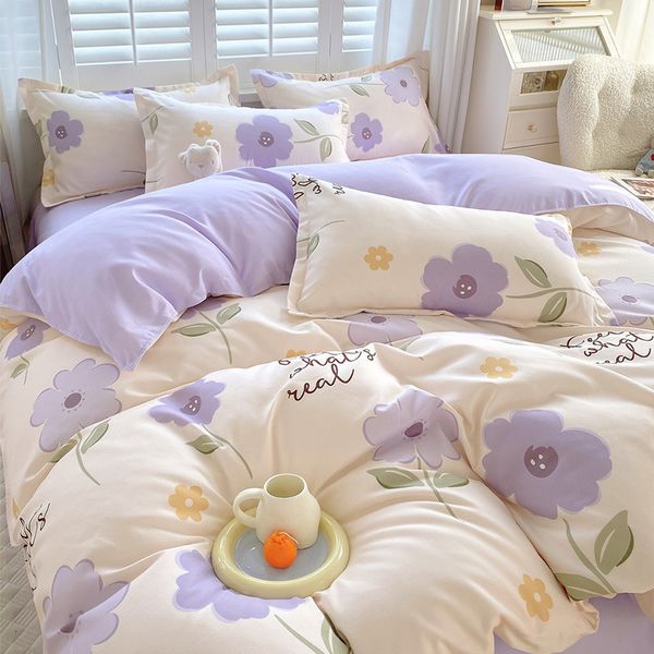 Juegos de ropa de cama Juego de funda nórdica de flores moradas, 3/4 piezas, colchas rojas y negras con sábana plana, juegos de lujo, rosa para mujer y niña, ropa de cama 230422