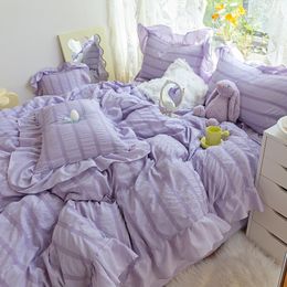 Beddengoed sets Paars Prinses Beddengoed Set Luxe Effen Kleur Dekbedovertrek Kussensloop Linens Twin Queen King Lakenset Vrouw Meisje Kawaii Set 230621