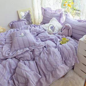 Beddengoed sets Paars Prinses Beddengoed Set Luxe Effen Kleur Dekbedovertrek Kussensloop Beddengoed Twin Queen King Lakenset Vrouw Meisje Kawaii Set 230607