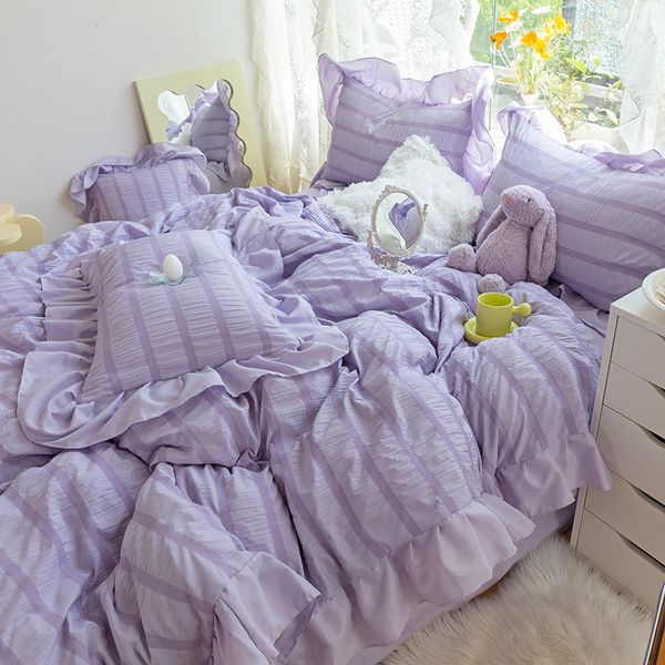 Ensembles de literie Violet princesse ensemble de literie de luxe couleur unie housse de couette taie d'oreiller linge de lit double reine roi drap de lit ensemble femme fille Kawaii ensemble 230308