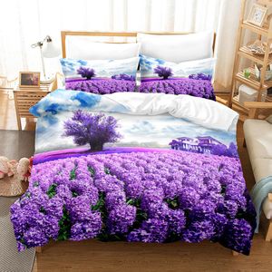 Conjuntos de ropa de cama Púrpura Flores Cubierta de la cubierta de poliéster Edredón 3D Butterfly Lavender Butterfly Doble Full King Queen Single 230921