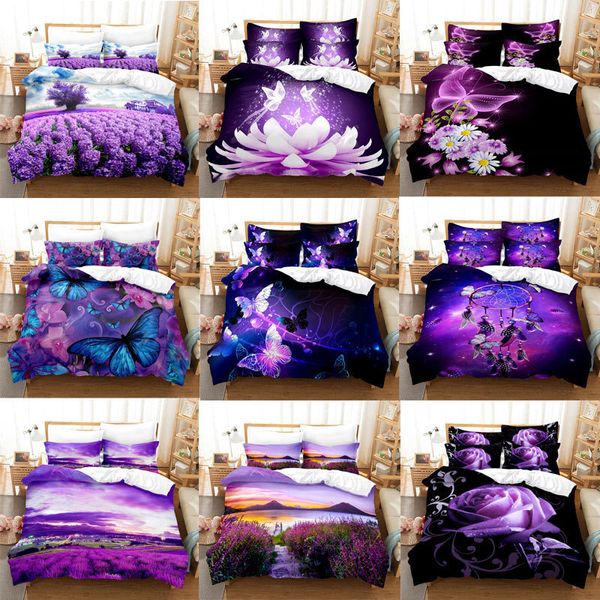 Juegos de cama Juego púrpura Ropa de cama Funda nórdica Edredón de cama Funda de almohada Edredón 3D Lavanda Mariposa Doble Completo Rey Reina Doble Individual 230729