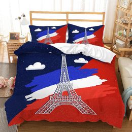 Ensembles de literie couette ensemble hiver chambre couverture impression tour Eiffel. drapeau couette avec taie d'oreiller bleu blanc rouge lit