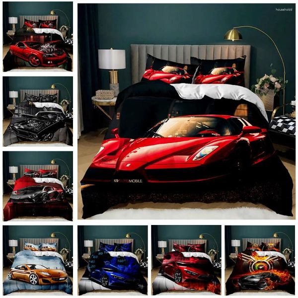 Conjuntos de ropa de cama Juego de autos de carreras Tamaño doble Llama roja ardiente Funda nórdica Deportes 3D 3 piezas Ropa de cama King