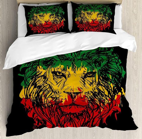 Ensembles de literie Rasta 3 pièces ensemble couleurs du drapeau éthiopien sur Grunge Sketchy L housse de couette lit couette taie d'oreiller couette