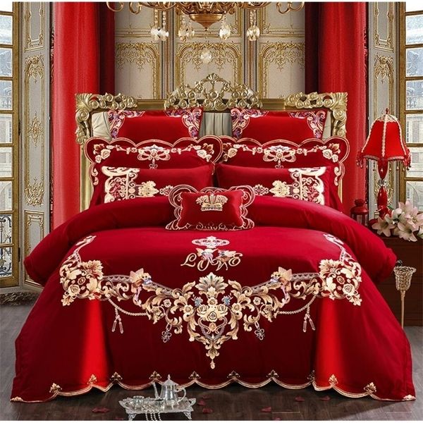 Juegos de ropa de cama Juego de sábanas con bordado de boda de estilo chino rojo, juego de sábanas de algodón sólido, juego de cama de princesa, funda de cama romántica de lujo para niñas 221010