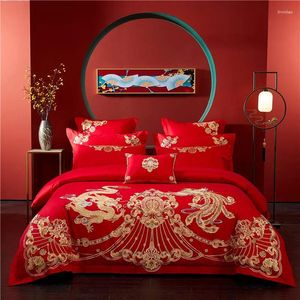 Ensemble de literie Red Chinois Mariage Ensemble de mariage Luxury Golden Loong Phoenix Embroderie Housse de couette Egypte en coton en coton