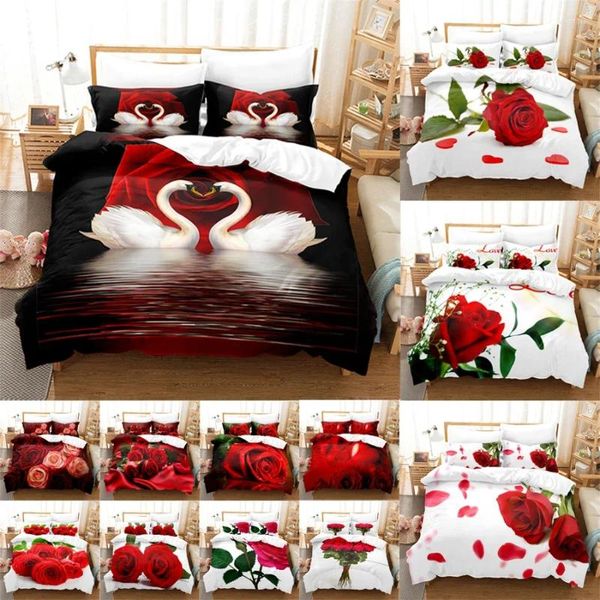 Juegos de ropa de cama Juego de edredón de flores rojas Cama individual King Rose de tamaño completo