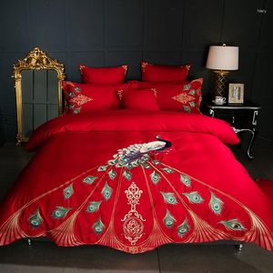 Beddengoed sets rode luxe 1000TC Egyptische katoen Chinese stijl trouwset pauw borduurwerk dekbedoverkaps kussens