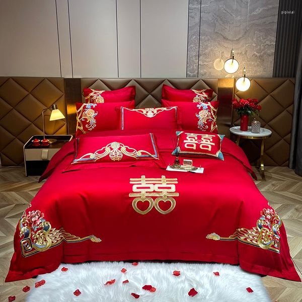 Ensembles de literie rouge luxe or Phoenix 4/6 pièces broderie chinois mariage coton ensemble couette housse de couette drap de lit taies d'oreiller