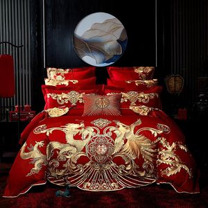 Juegos de cama Rojo Lujo Oro Fénix Loong Bordado Boda china 100% Juego de algodón Funda nórdica Sábana Colcha Fundas de almohada