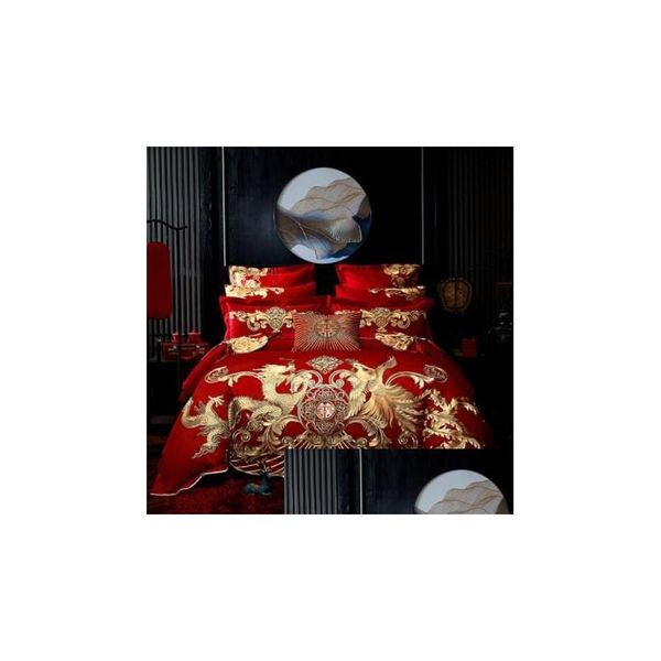 Juegos de cama Rojo Lujo Oro Fénix Loong Bordado Boda china 100 Algodón Conjunto Edredón Er Sábana Colcha Fundas de almohada Drop D Dh9Nx