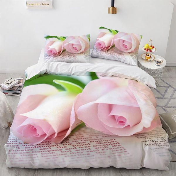 Conjuntos de ropa de cama Conjunto de funda de edredón de boda con estampado 3D de flores, funda nórdica, funda de almohada, sábanas de lino para el hogar, color rojo y rosa