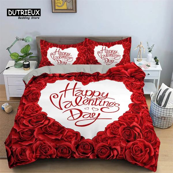 Conjuntos de ropa de cama Rosa roja Floral Down Funda nórdica Amor Suministros en forma de corazón Microfibra Edredón romántico Pareja Boda Decoración del día de San Valentín Reina 231106