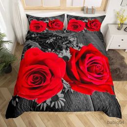 Juegos de ropa de cama Red Rose King Queen Funda nórdica Día de San Valentín Juego de cama floral Mujeres Romántica Funda de edredón de flores Funda de edredón de poliéster