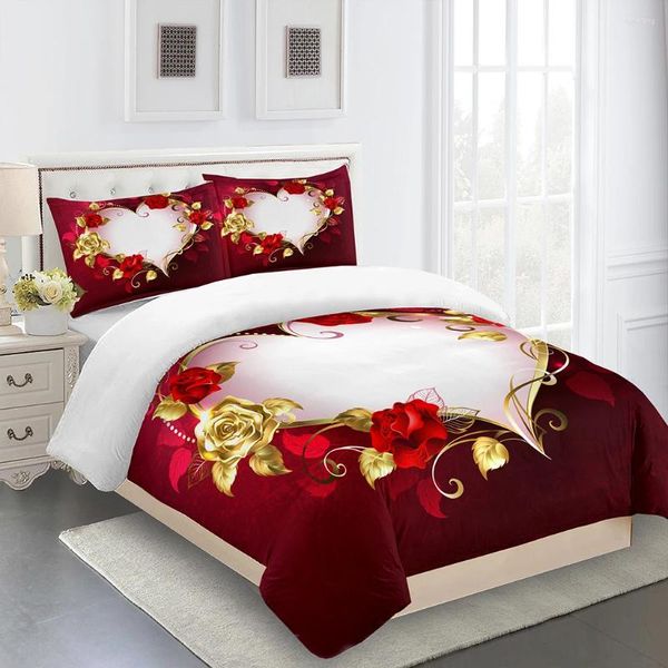 Ensembles de literie Rouge Rose Romantique Or Fleur Fille Enfants Couette Durex Pleine King Size 3Pcs Housse de Couette Ensemble de Linge Couvre-lit 200x200 240x220