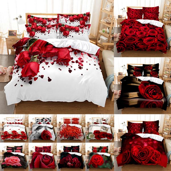 Conjuntos de ropa de cama Conjunto de rosas rojas Edredón Funda nórdica Edredón Funda de almohada 3D HD Doble Full King Queen Twin Single 3PCS 2PCS Dormitorio Flor 221117