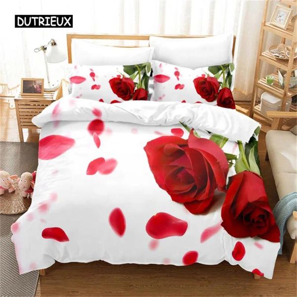 Juegos de ropa de cama Red Rose Juego de San Valentín Flores Amantes Amantes de la portada White Whorvet para mujeres Decoración del dormitorio