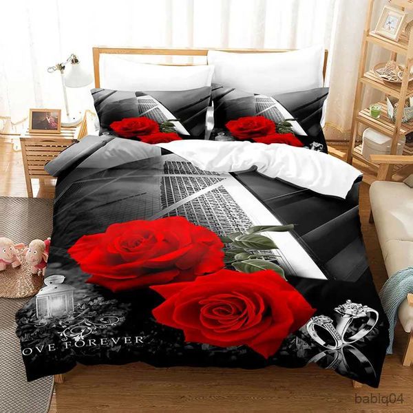 Juegos de ropa de cama Juego de funda nórdica de rosas rojas Juego de cama completo 3D Queen King Floral con estuche para cama doble individual Regalo del día de San Valentín