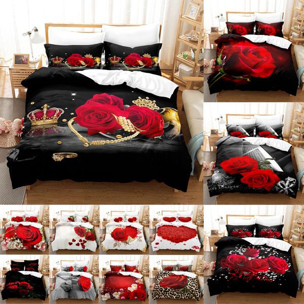 Ensembles de literie Ensemble de housse de couette Roses rouges Queen Size King Ensembles 3D complets Taie d'oreiller à fleurs Linge de lit simple Lit double 220x240 200x200 230414